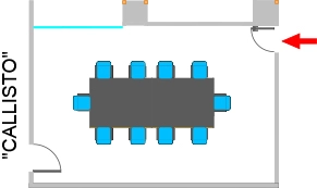 In the picture, the blueprint of the Callisto meeting room of the Hotel Galileo Padova with the table setup.