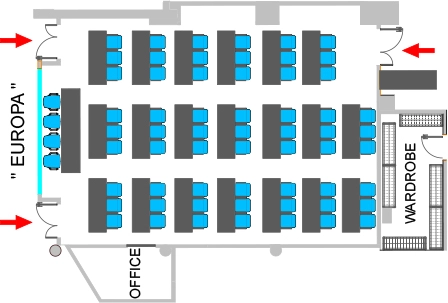 In the picture, the blueprint of the Europa meeting room of the Hotel Galileo Padova with the classroom setup.