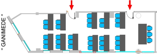 In the picture, the blueprint of the Ganimede meeting room of the Hotel Galileo Padova with the classroom setup.