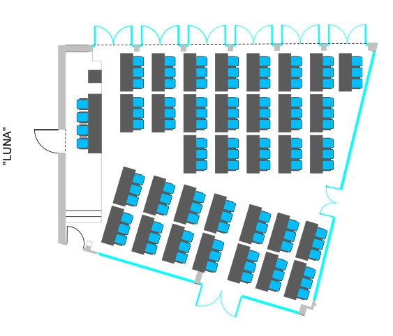 In the picture, the blueprint of the Luna meeting room of the Hotel Galileo Padova with the classroom setup.
