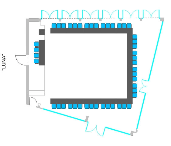 In the picture, the blueprint of the Luna meeting room of the Hotel Galileo Padova with the U-shape setup.