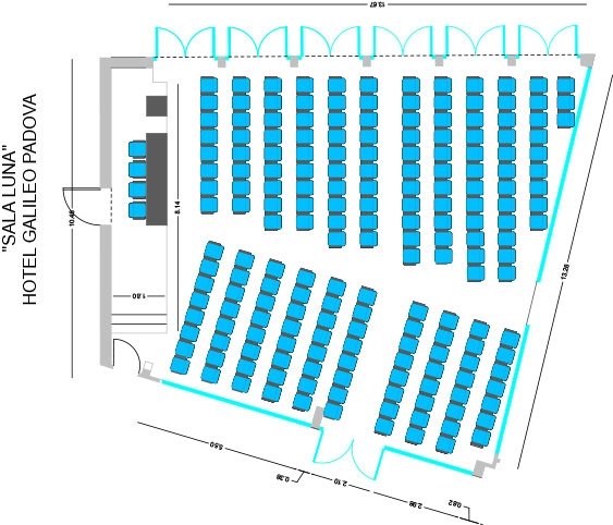 In the picture, the blueprint of the Luna meeting room of the Hotel Galileo Padova with the theater setup.