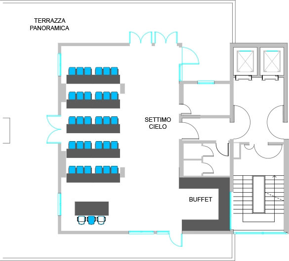 In the picture, the blueprint of the Settimo Cielo meeting room of the Hotel Galileo Padova with the classroom setup.