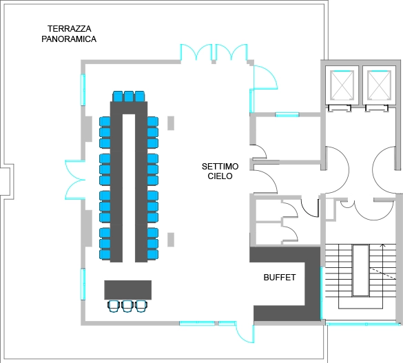 In the picture, the blueprint of the Settimo Cielo meeting room of the Hotel Galileo Padova with the U-shape setup.